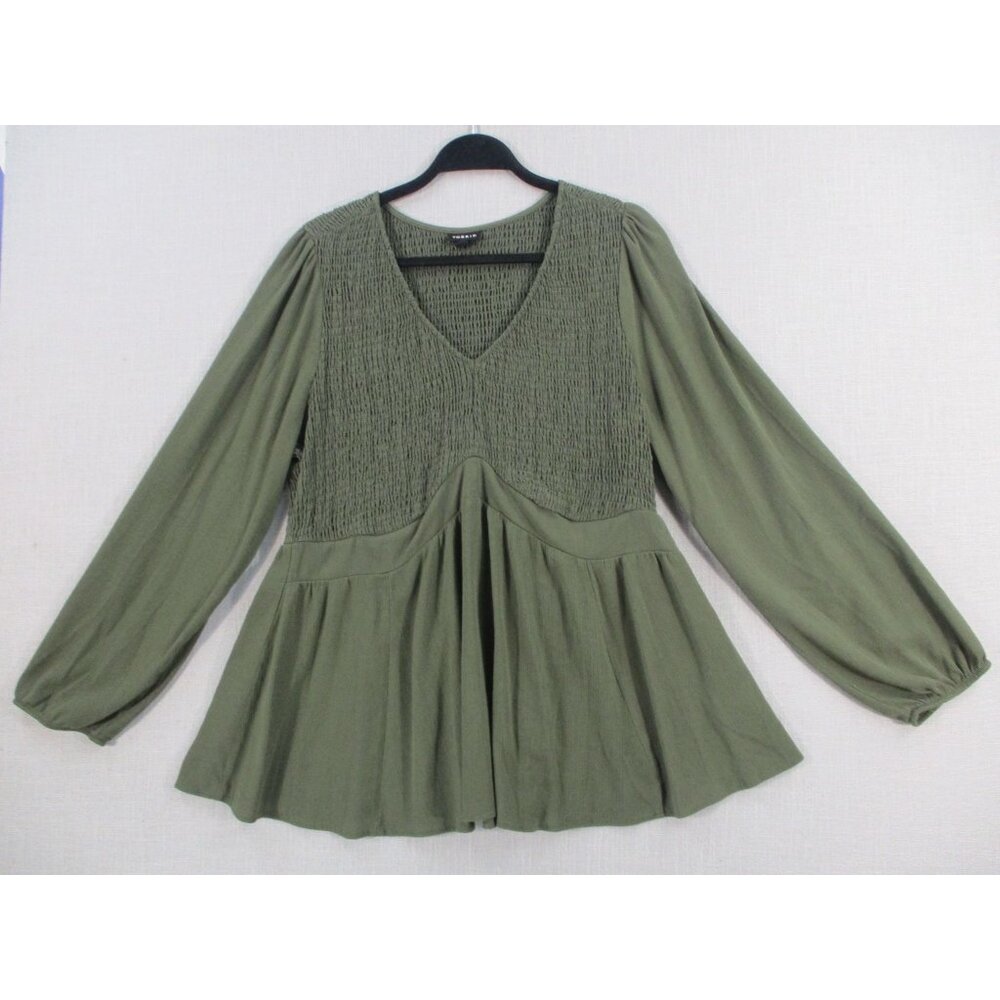 Torrid Womens Olive Green Long Sleeve Smocked Babydoll Top Size 1  Rayon‎